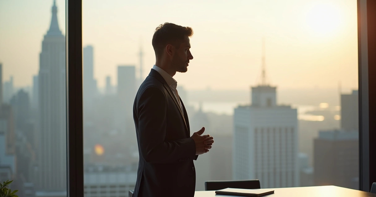 Pessoa em reflexão diante da janela em ambiente de trabalho 