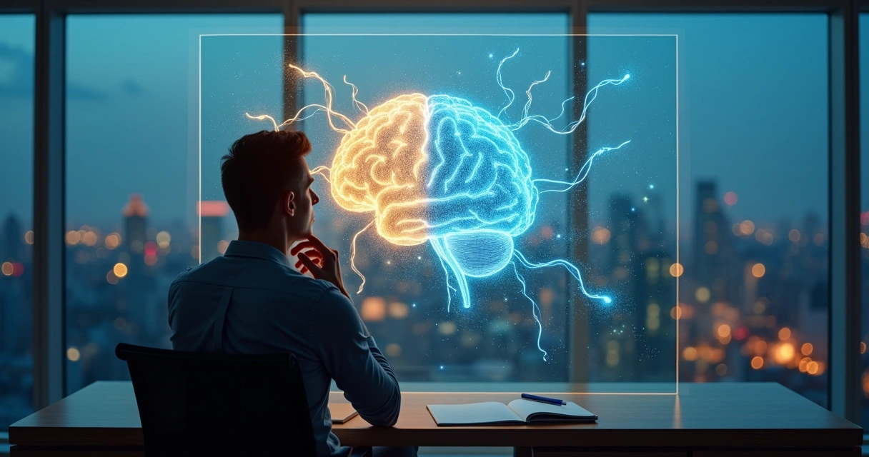 Líder sentado em reflexão diante de caminhos entrelaçados em formato de cérebro 