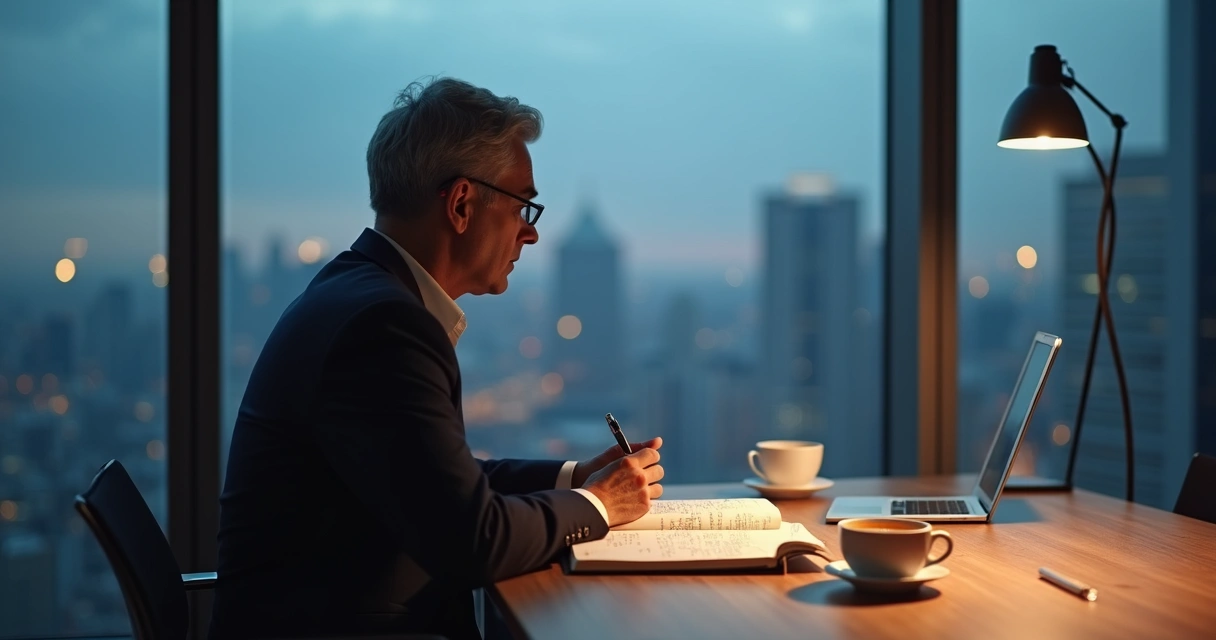 Líder sentado frente a ventana grande anotando reflexiones en cuaderno 