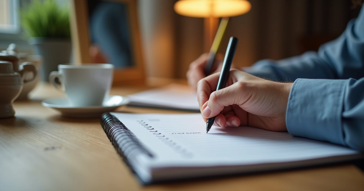 Persona escribiendo notas de liderazgo en un cuaderno 