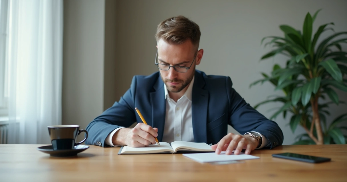 Persona líder reflexionando con un cuaderno en un espacio sereno