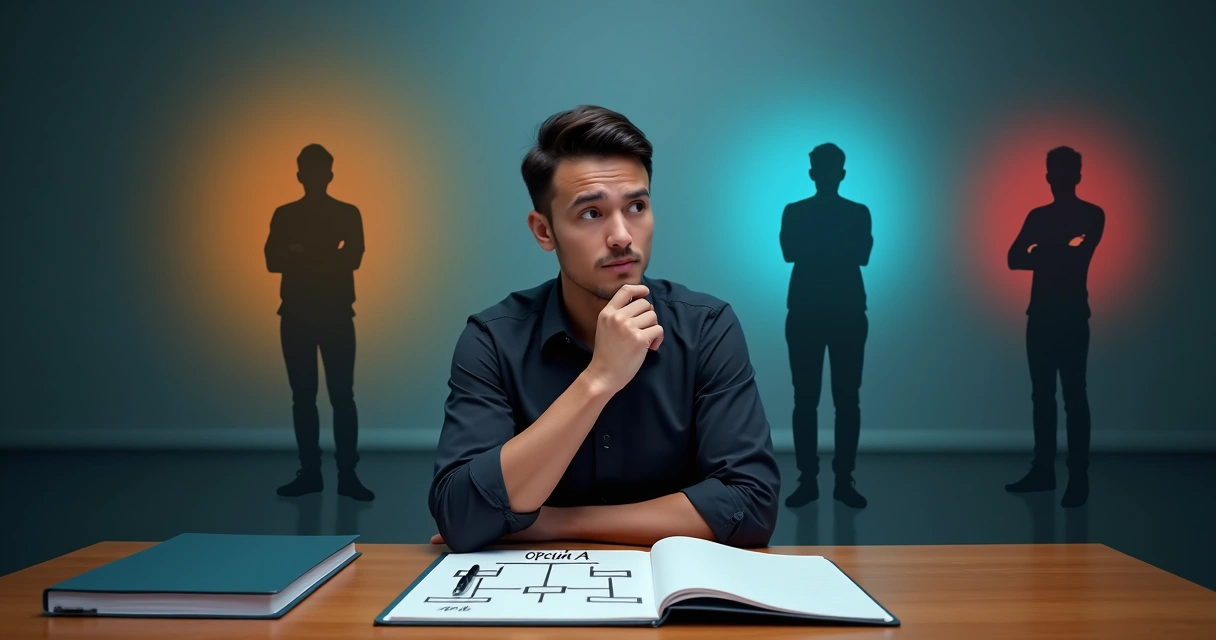 Persona reflexionando frente a una encrucijada con siluetas emocionales detrás 