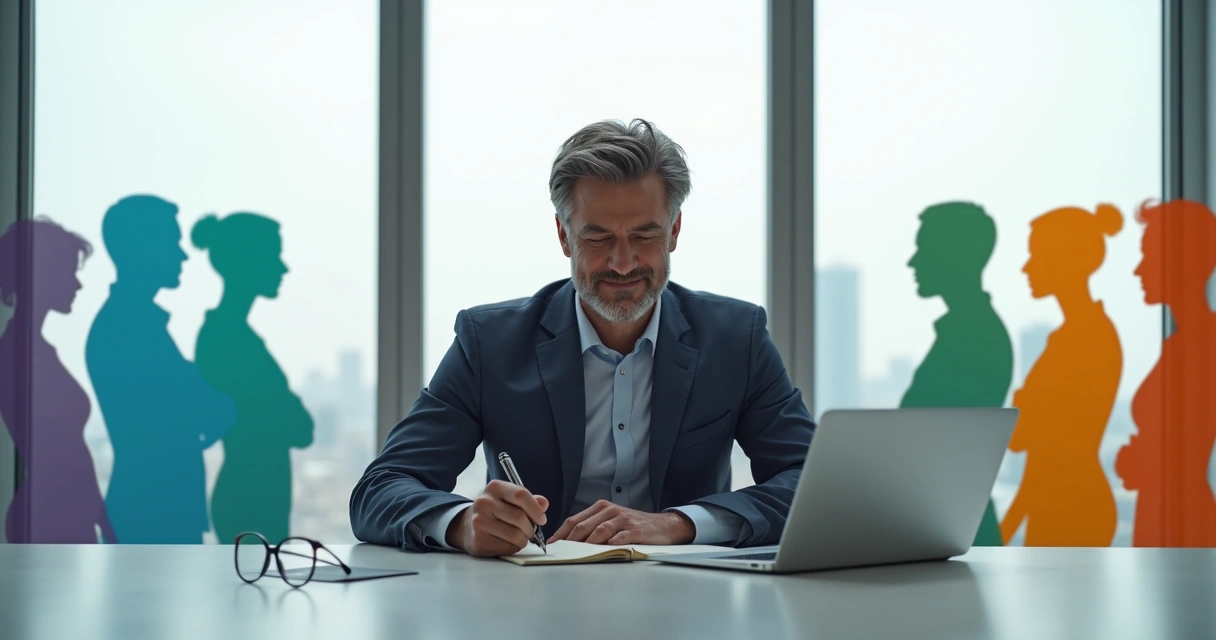 Líder reflexionando frente a siluetas que representan sesgos inconscientes 