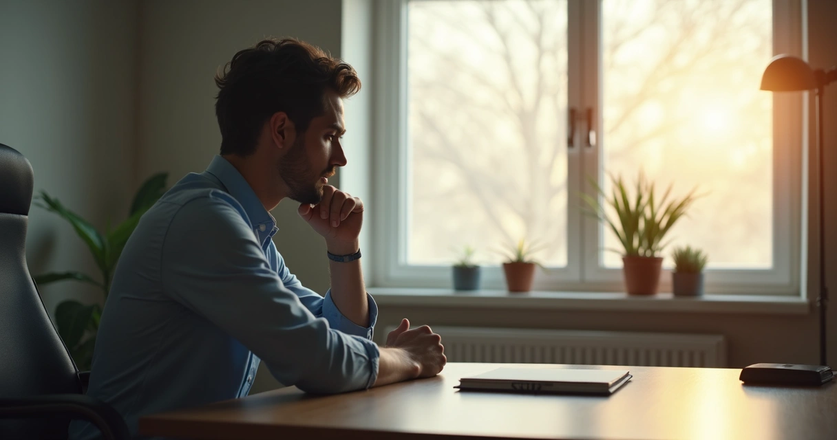 Líder sentado en oficina reflexionando después de coaching