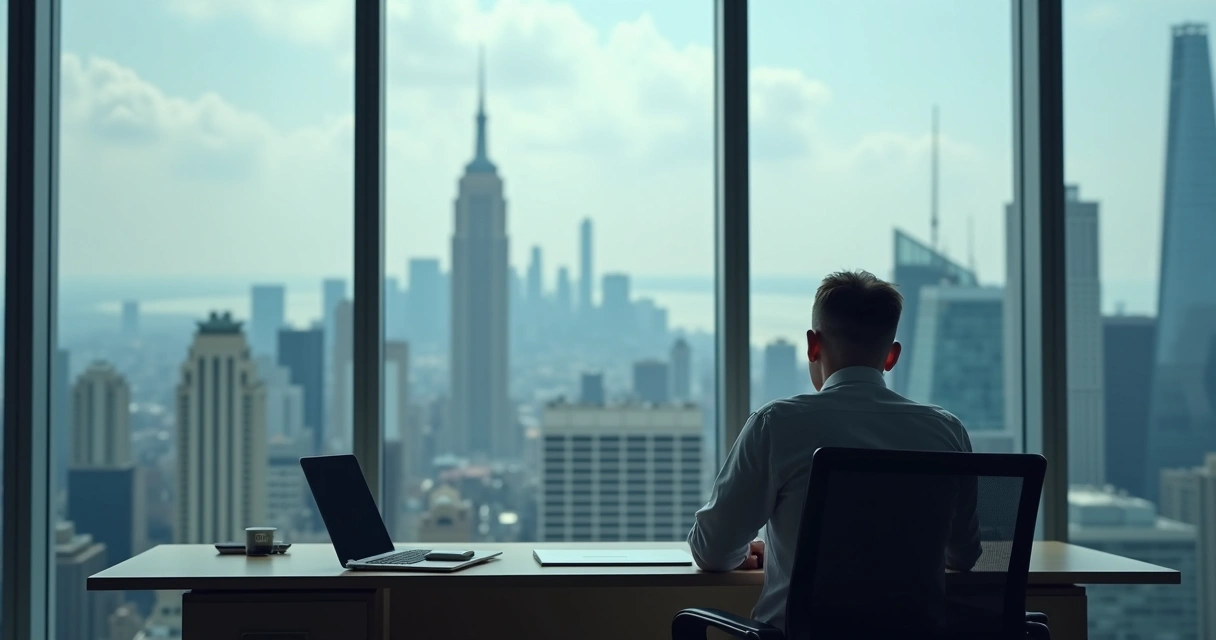 Líder sentado frente a ventana grande reflexionando en la oficina 