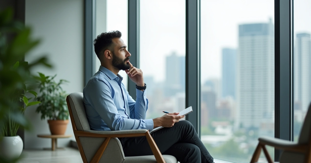 Líder reflexionando solo en su oficina junto a una ventana 