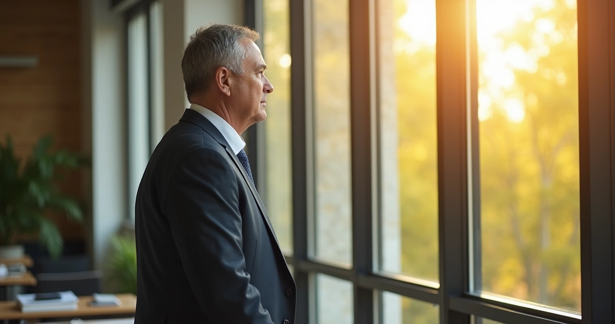 Líder empresarial reflexionando junto a una ventana, luz suave entrando al espacio 