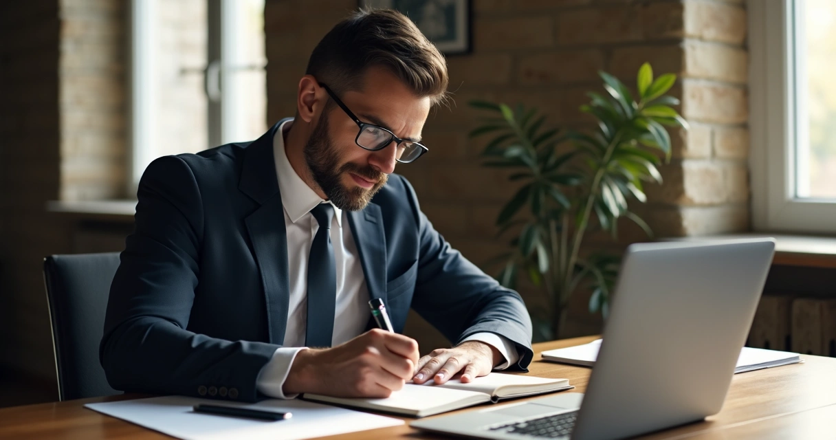 Homem de negócios anotando pensamentos em caderno sobre mesa de madeira com notebook e caneta 