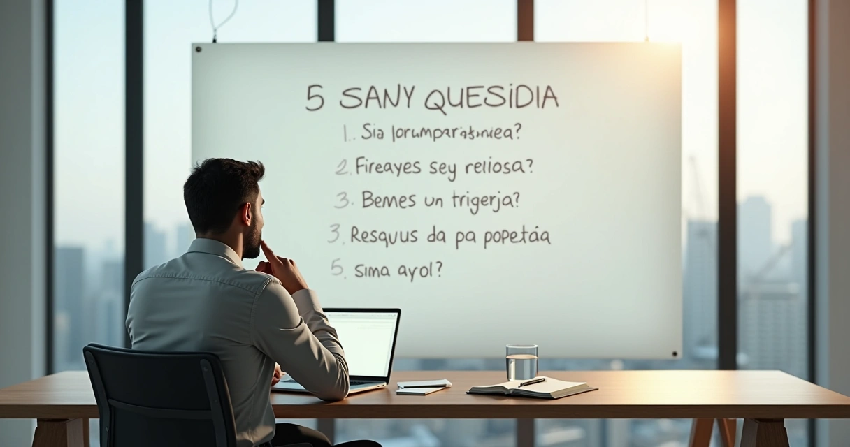 Líder sentado refletindo sobre seu estilo de liderança em frente a um quadro com perguntas 