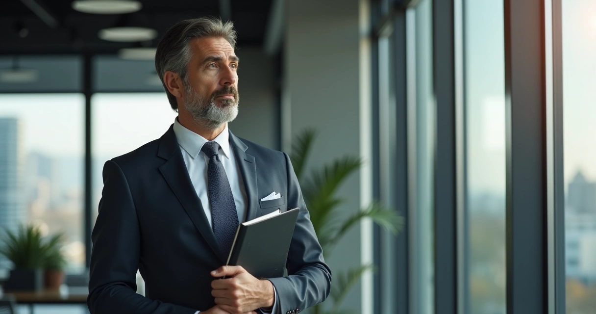 Executivo olhando para janela pensativo com bloco de anotações na mão 