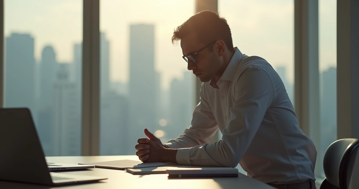 Profissional refletindo antes de decidir em escritório silencioso 