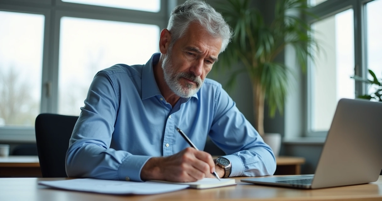 Líder sentado escrevendo em caderno no escritório com expressão pensativa 