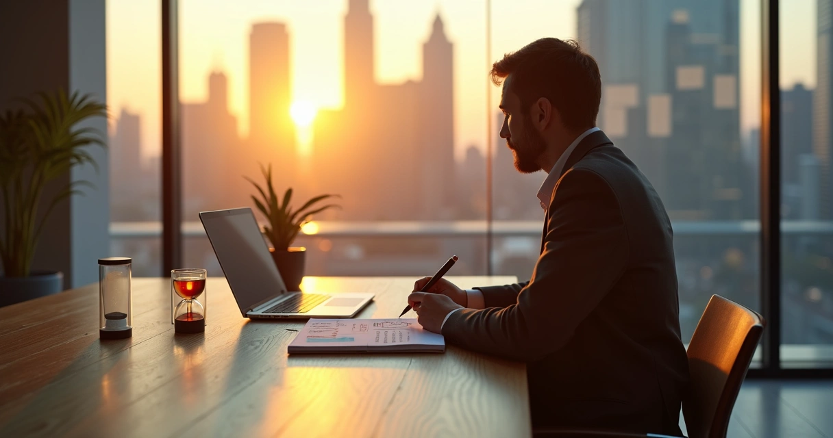 Líder sentado em frente à janela refletindo com caderno em escritório moderno 