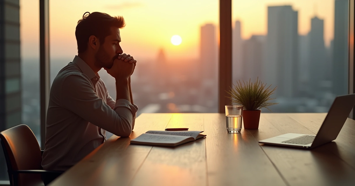 Líder sentado em sala de reunião contemplando a cidade ao entardecer 