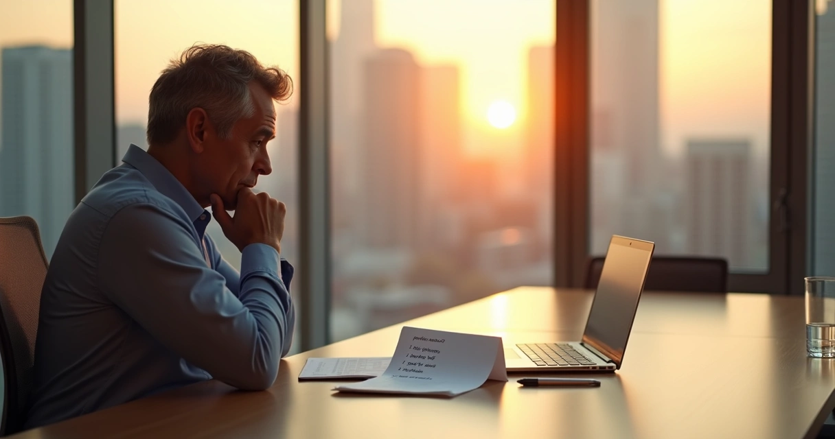 Líder sentado em sala de reunião refletindo em silêncio com perguntas em um caderno 
