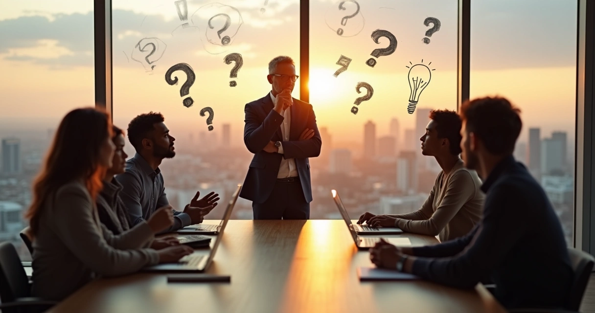 Líder refletindo diante da equipe em ambiente corporativo moderno 