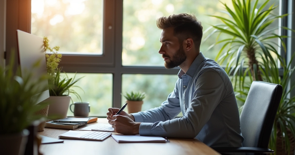Hombre reflexivo en oficina moderna con libretas y ventana. 