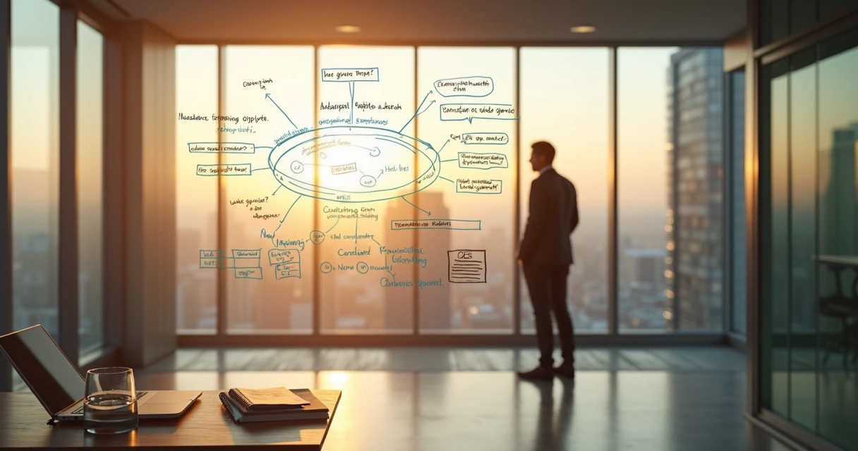 Líder de pie ante pizarra de vidrio revisando notas y diagramas 