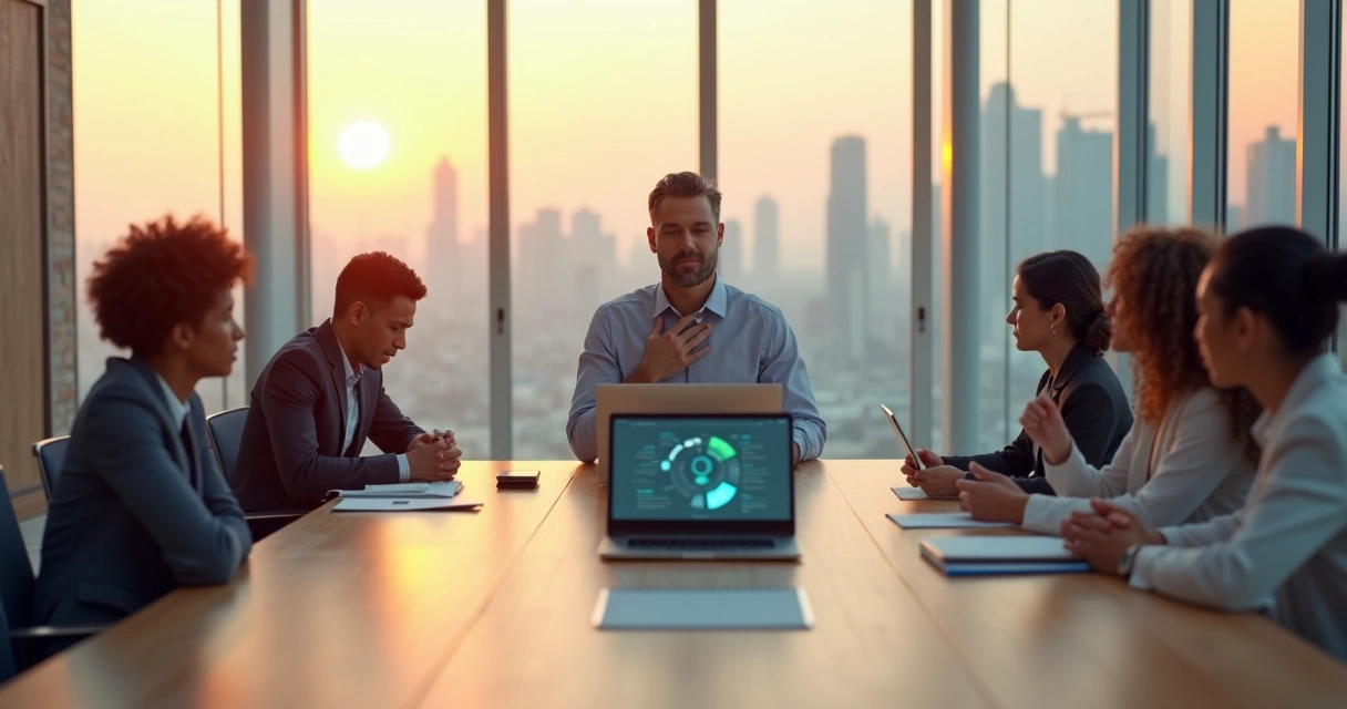 Líder sentado à mesa de reunião praticando regulação emocional enquanto observa gráficos em tela 
