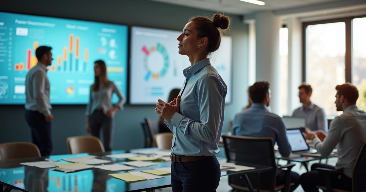 Líder se toma una pausa consciente frente a su equipo en una oficina moderna 