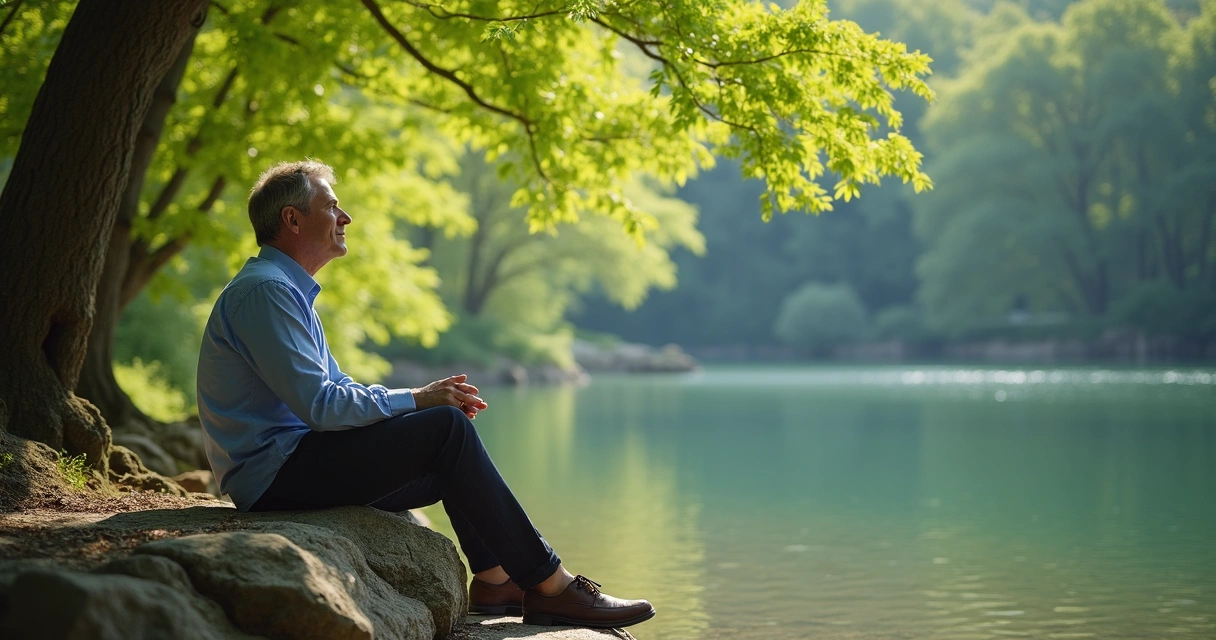 Líder relaxando próximo a lago, rodeado de árvores.