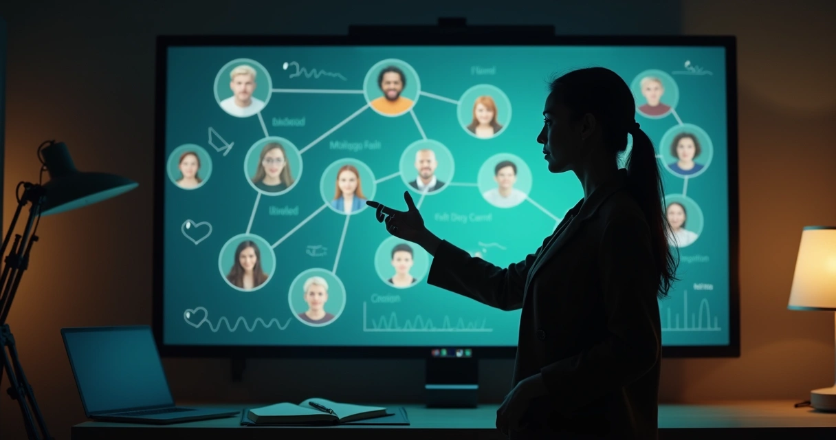 Líder remoto observa painel digital com emoções da equipe 