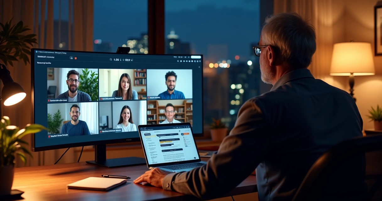 Líder coordena equipe global em ambiente de trabalho remoto 