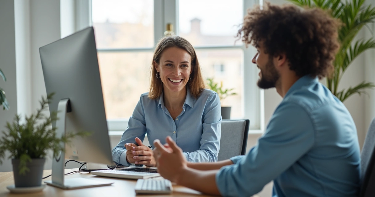 Líder remoto dando feedback positivo online para colaborador com sorriso, ambos em computadores 