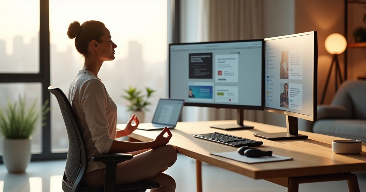 Líder remoto sentado en meditación frente a varios monitores de trabajo 