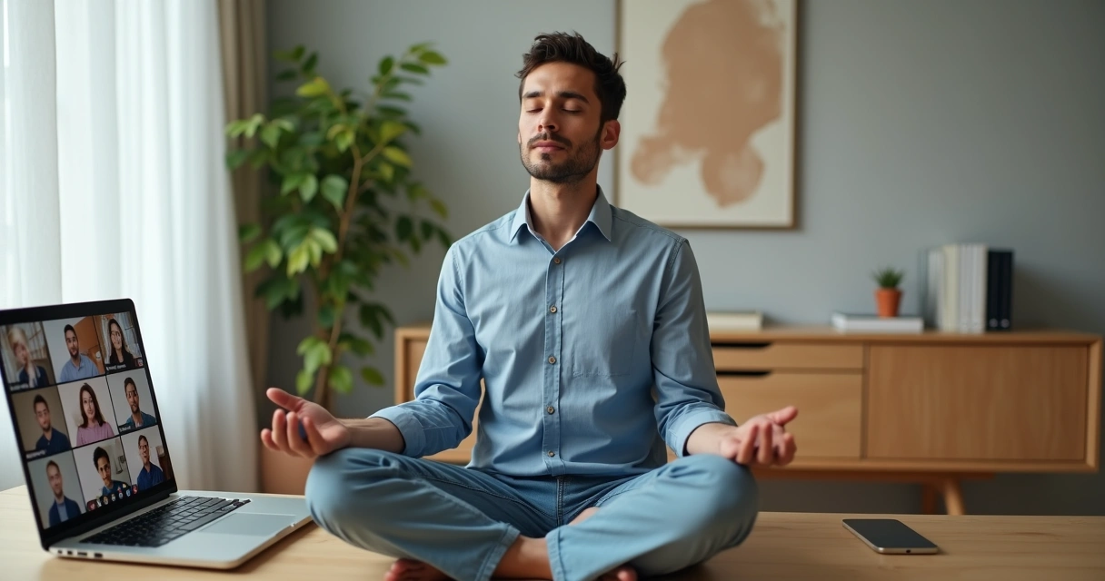 Líder remoto meditando frente al portátil con equipo conectado por videollamada 