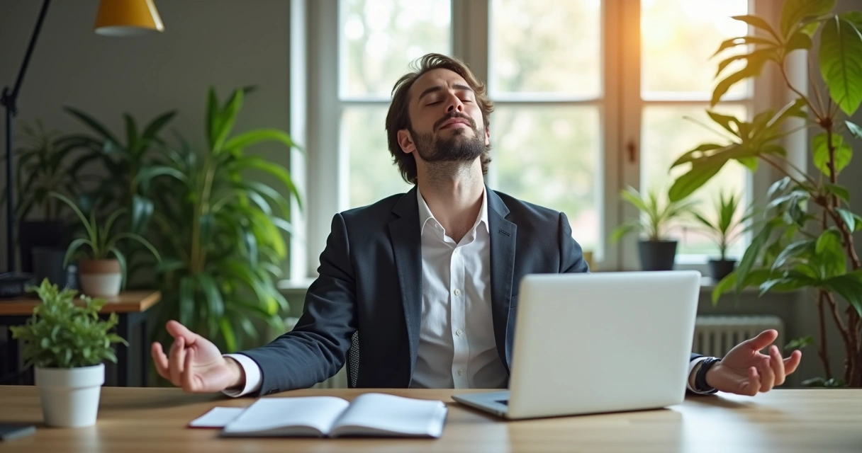 Líder sentado con los ojos cerrados en un escritorio con portátil y plantas alrededor 