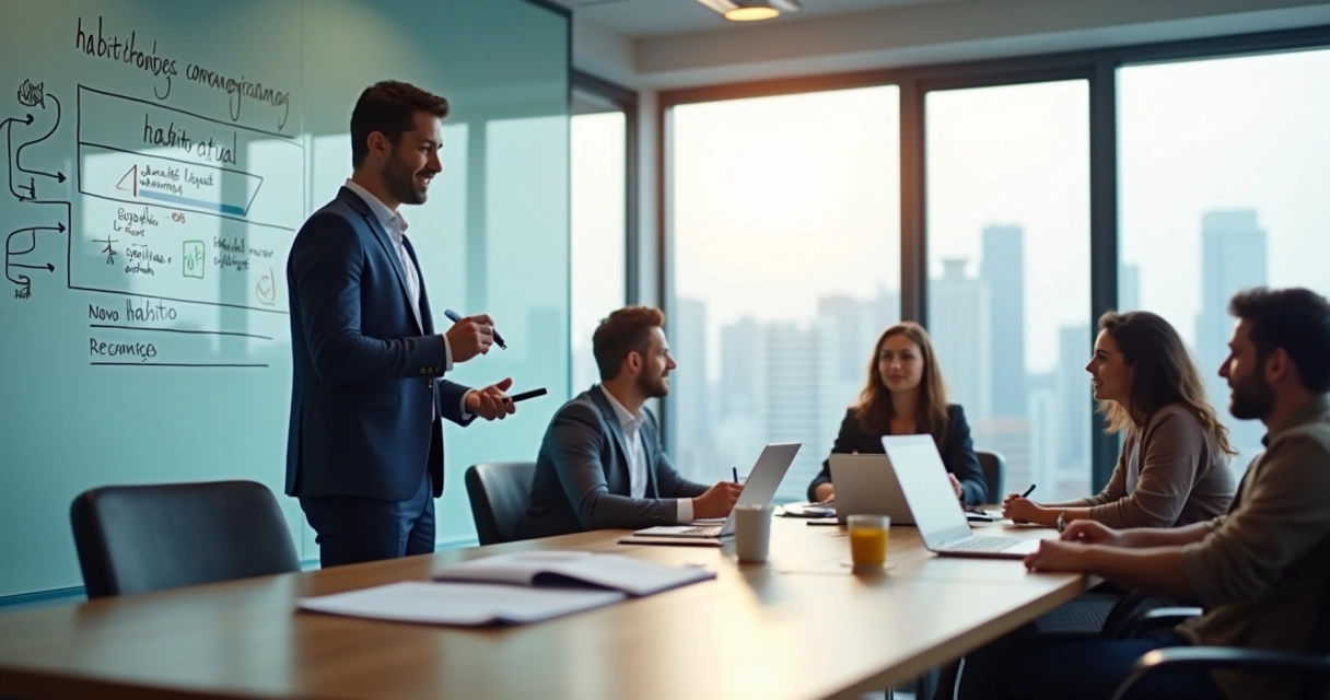 Líder escrevendo plano de reprogramação de hábitos em quadro branco com equipe ao fundo 
