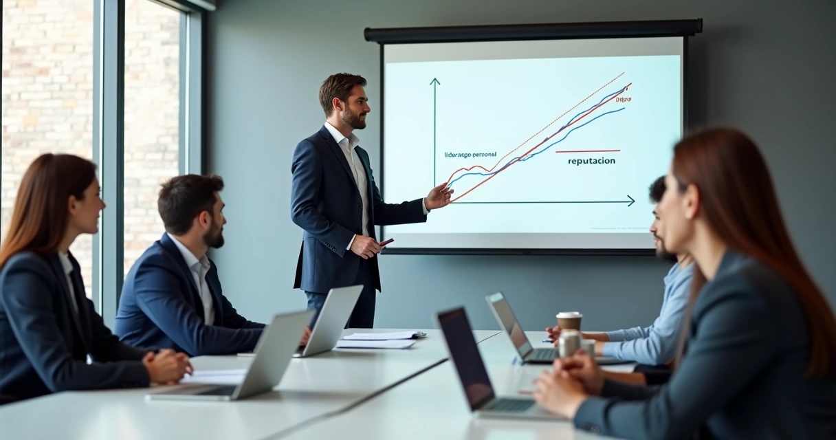 Persona en sala de reuniones con gráfica de reputación y liderazgo proyectada en pantalla