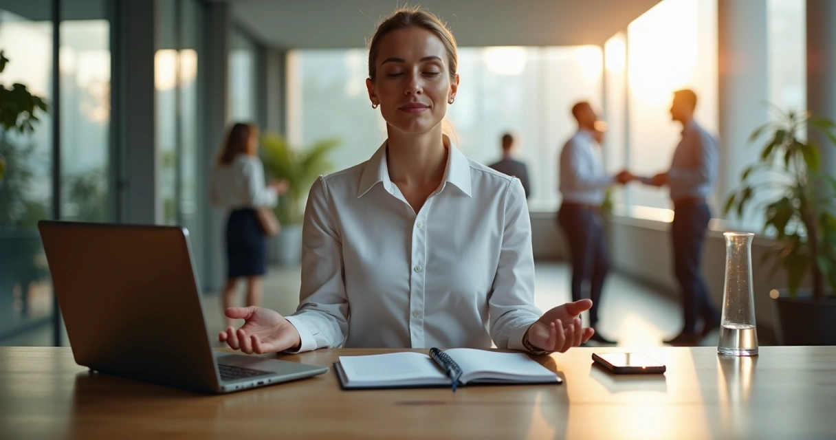 Líder sentado em escritório movimentado praticando respiração profunda com calma 