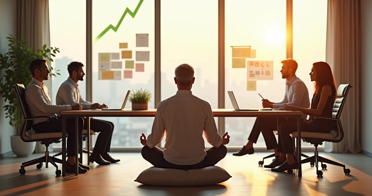 Líder sentado en meditación frente a su equipo en una sala de reuniones moderna 