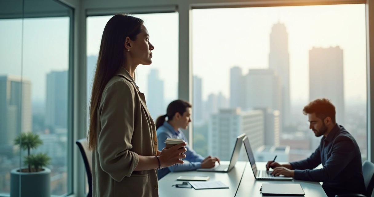 Persona en un entorno de oficina, de pie junto a una ventana, observando la ciudad mientras sostiene una taza, con colegas trabajando en segundo plano 
