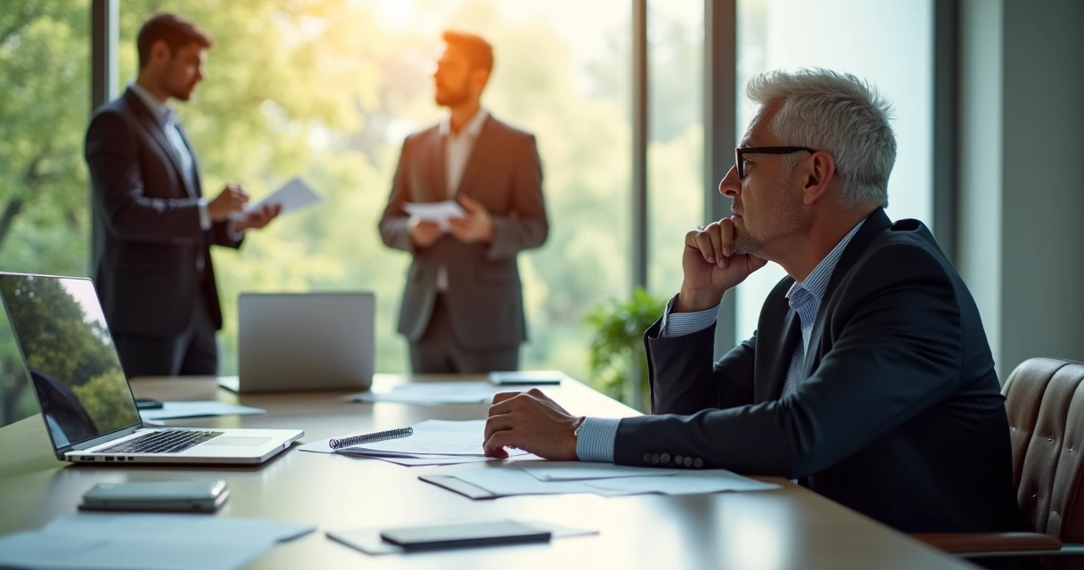 Líder corporativo sentado em mesa de reunião ouvindo atentamente dois colegas discutindo de pé ao fundo. Mesa com papéis, atmosfera séria e luz natural clara entrando pelas janelas. 