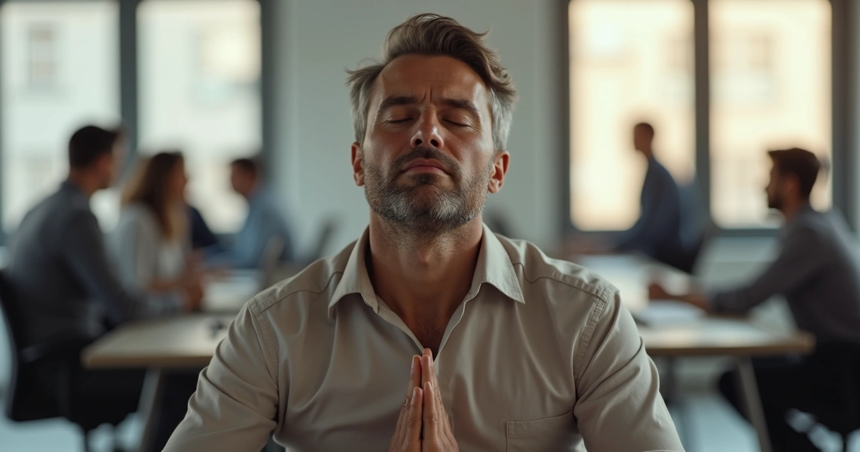Persona en postura de meditación, ojos cerrados, respirando profundamente, con fondo de oficina moderna, imagen clara y tranquila 