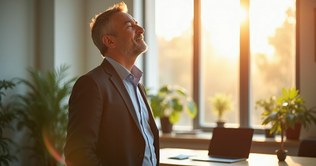Líder focado respirando fundo em escritório iluminado.