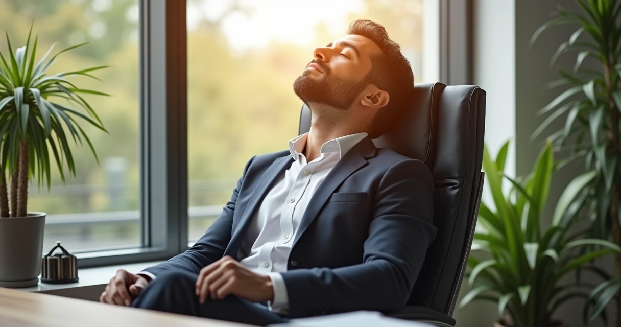 Líder sentado na cadeira com olhos fechados respirando fundo 