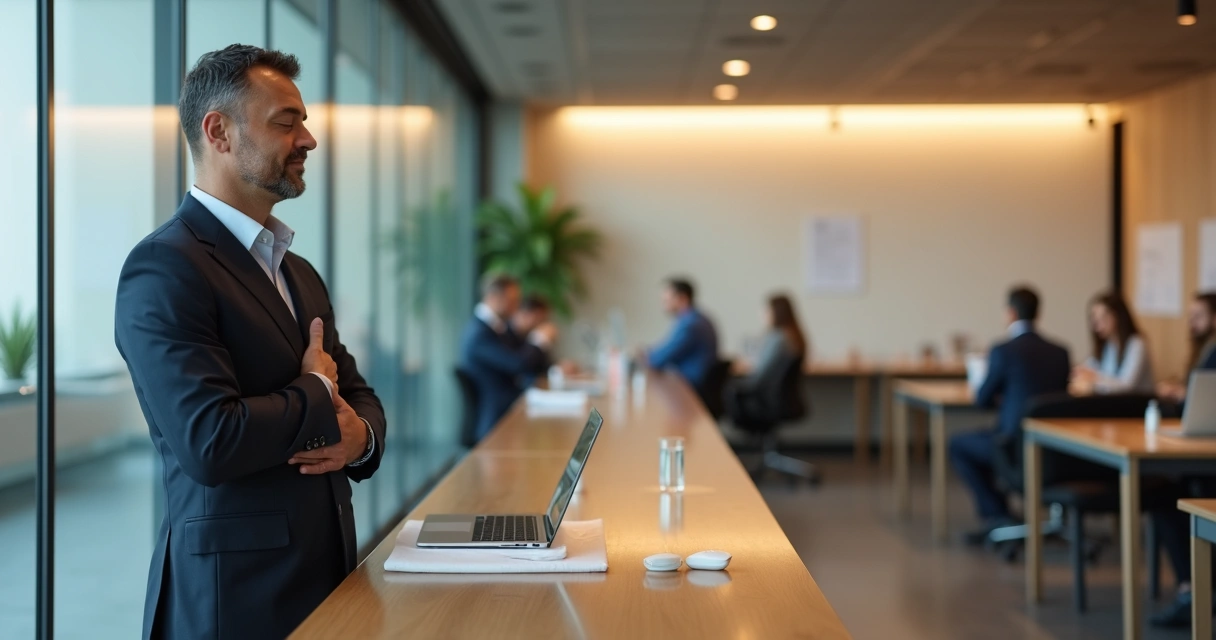 Líder de negocios tomando una pausa de respiración consciente en un entorno de oficina moderna 