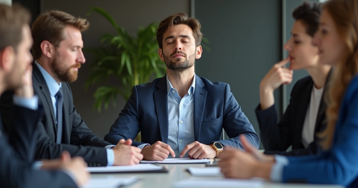 Líder respirando fundo sentado à mesa de reunião ao lado de colegas 