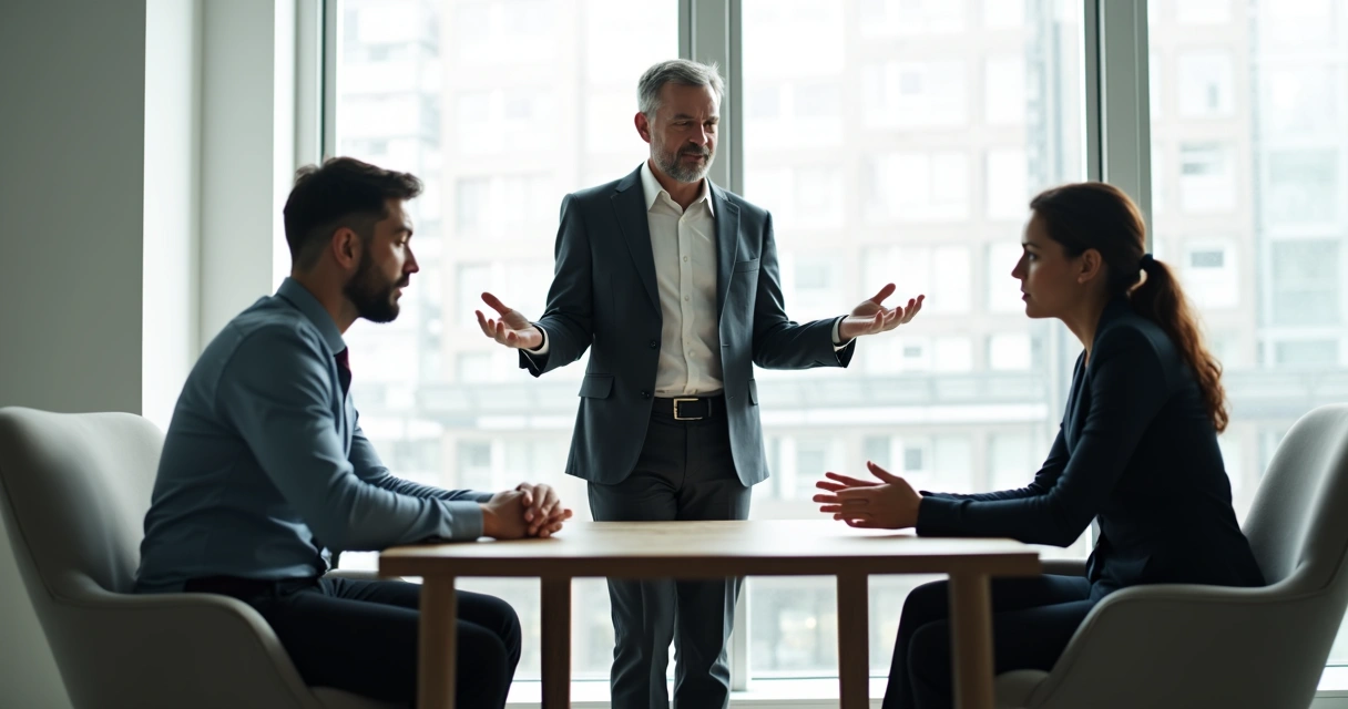 Líder conversando serenamente com dois colaboradores em lados opostos e expressão tensa 
