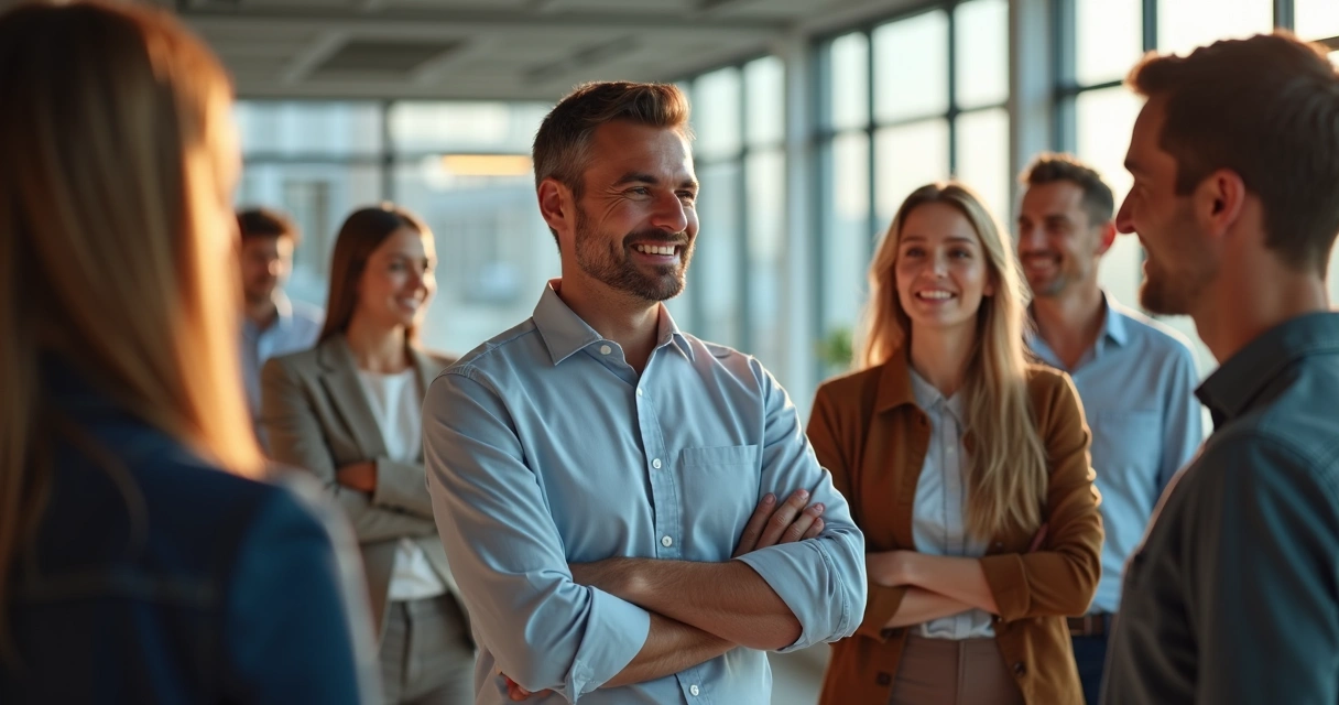 Líder guiando equipo con actitud positiva y cercana