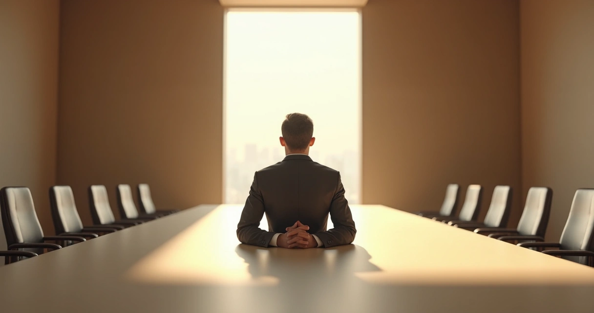 Persona reflexionando sola en una sala de reuniones vacía 
