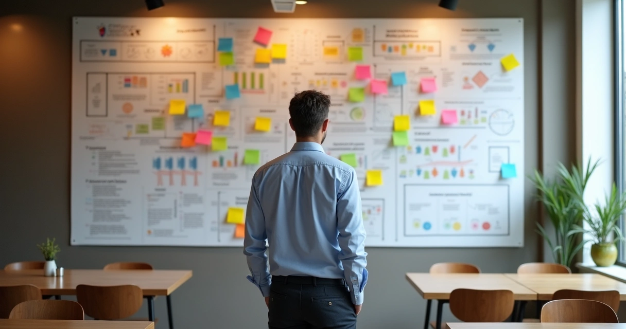 Líder de restaurante olhando para planejamento estratégico numa parede com post-its coloridos 