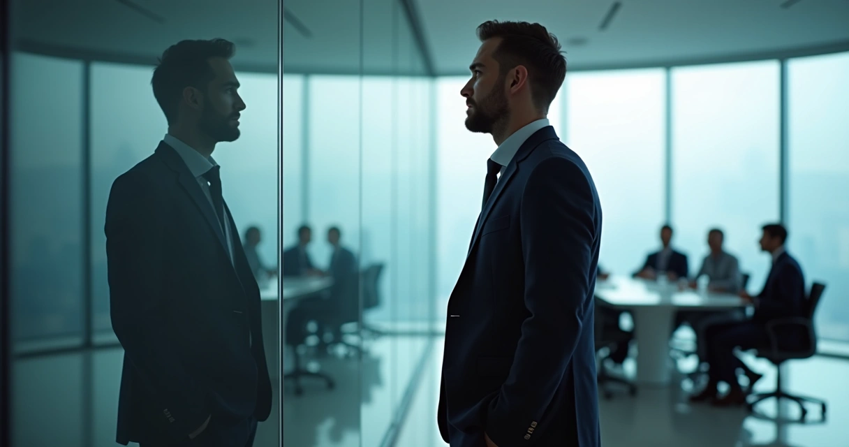 Líder em sala de reunião olhando para o próprio reflexo em um vidro, simbolizando autoconhecimento