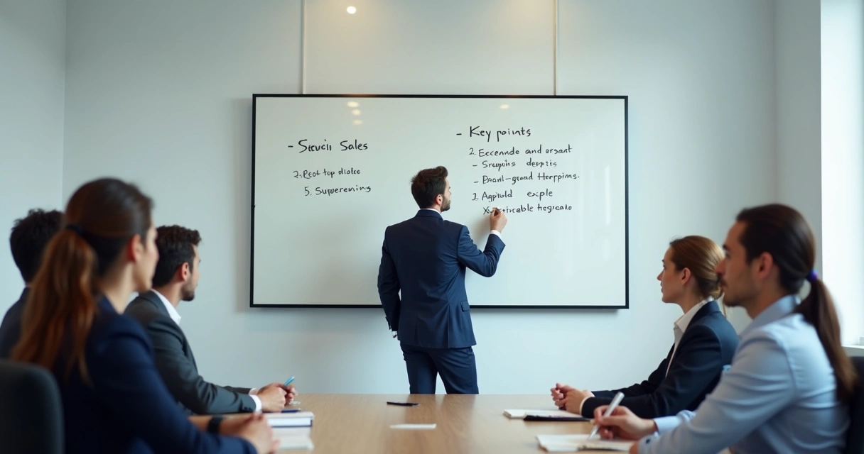 Líder de vendas anotando pontos-chave em um quadro branco durante reunião 