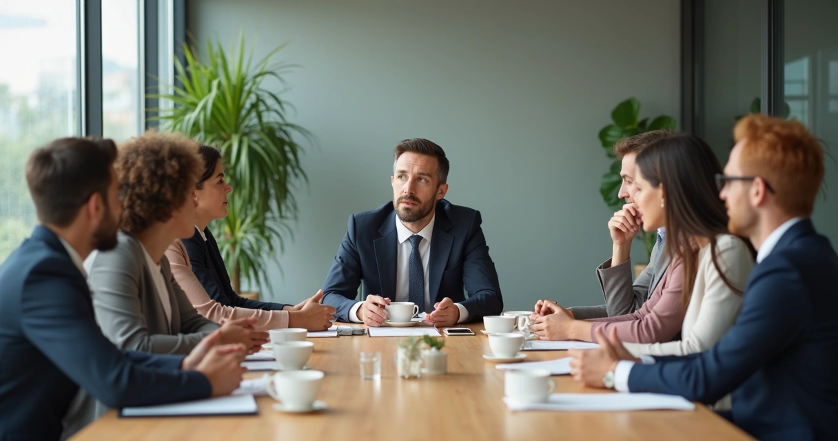 Líder em reunião com equipe atenta e ambiente acolhedor