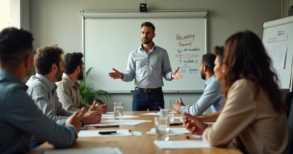 Líder de pequena empresa falando com equipe reunida em sala durante crise interna 
